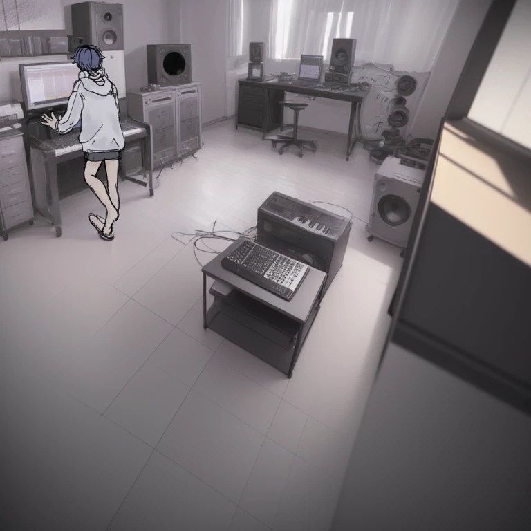 there is a cartoon of a woman standing In the room, In the room, In the Studio, The hollowness of an empty studio, Studio Room, In the Studio hollow, Lo-fi feeling, girl in studio, Lo-fi Girl, Lofi Artstyle, Studio Trigger Art, Synth feel, Madhouse Studios Anime Style, Lofi Art, Whole room, Studio Floor