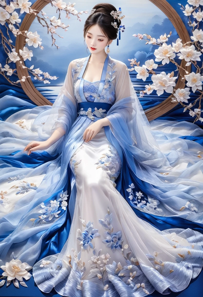 embroidery，Three-dimensional embroidery，(A picture of blue ornate Suzhou embroidery hangs on the wall）,blue-white petals, Silk material embroidery, Inspired by Yao Jianping’s dream of Su embroidery works，translucent，abundant cleavage,painting on silk, alcohol ink art