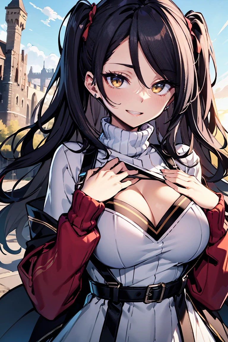 (masterpiece:1.2), (high quality:1.2), (hui xiyi:0.75), rekkyo sensen, rekkyou sensen, girls with((black hair, (tits cleavage:1.15), (waving is hands:1.2), (breasts close up:1.15), (suspenders:1.2), (dress:1.65), (blue clothes:1.05), (belts:0.7), (frills shirt:1.2), (white knit sweater:1.2), (frills camisole:1.2), exposed breasts, straps, (turtleneck clothes:1.1), (cross:1.05), (long wavy hair:1.2), (one side up:1.2), nun, long sleeves, (perfect hands:1.05), (five fingers:1.05))), background with((fantasy world, ruin, castle, beautiful sky, shining sky, sunshine))