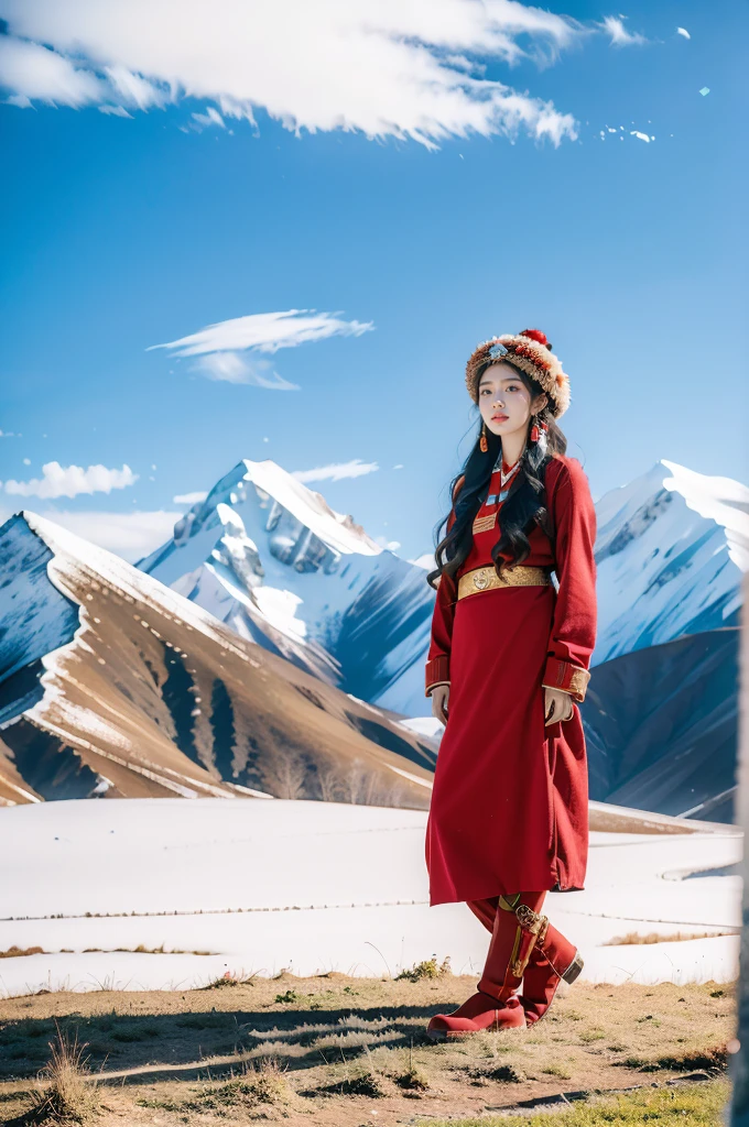 (masterpiece, best quality:1.2),red Tibetan clothing,1 Tibetan girl, blue sky, cloud, cloudy sky, day, earrings,Plush hat, horizon,Tibetan Earrings,jewelry,necklace, lips,snow mountain, outdoors, parted lips, red lips, solo,flat chest,full body,slender legs,boots,standing,arms behind back,from front