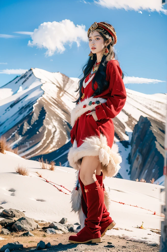 (masterpiece, best quality:1.2),red Tibetan clothing,1 Tibetan girl, blue sky, cloud, cloudy sky, day, earrings,Plush hat, horizon,Tibetan Earrings,jewelry,necklace, lips,snow mountain, outdoors, parted lips, red lips, solo,flat chest,full body,slender legs,boots,standing,arms behind back,from front