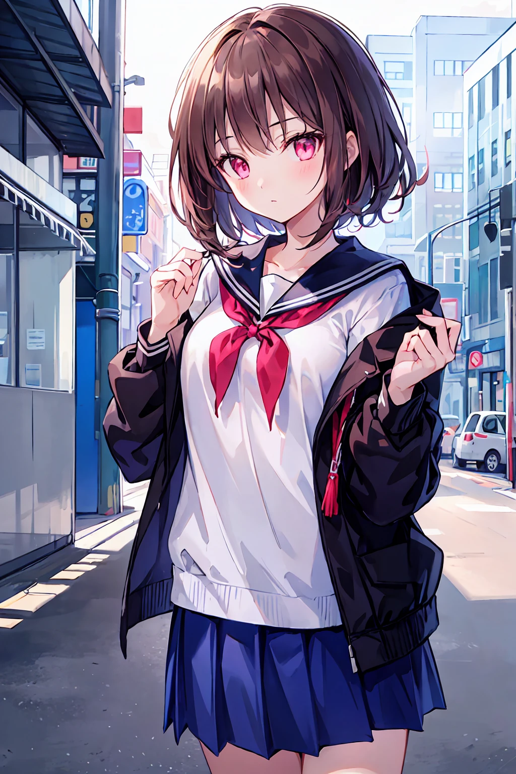 Dark brown hair color，Pale pink eyes，Navy blue school top，Navy Straight Skirt，Kind girl，8K，Ultra HD，beautiful