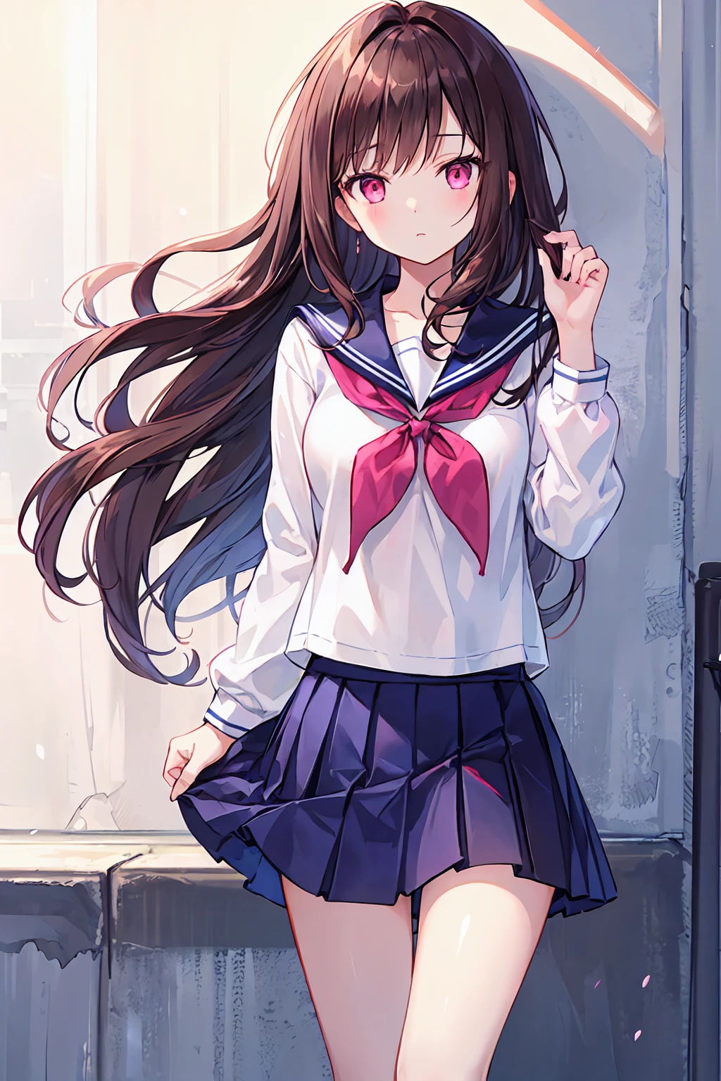 Highest quality、High resolution、Detailed Background、Beautiful face in every detail、Highly detailed face、Detailed red eyes、Anatomically correct、Normal number of fingers、age beauty、Perfect body line、Black Hair、Brown Hair、Bobcut、Long Hair、Wavy Hairstyle、Cute Eye Makeup、Cute Lip Makeup、Calm atmosphere、Glossy sailor suit、Sailor collar、Pleated skirt、Red ribbon、White Stockings、Standing by the window of a classroom、Look at me with cold eyes、Cute gestures、very beautiful