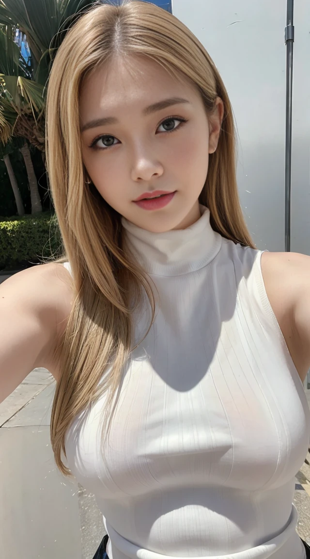 Highest quality masterpiece 8K Ultra-detailed Face Blonde beauty Big Breasts White summer sweater Selfie Sleeveless turtleneck Clothes with thin fabric