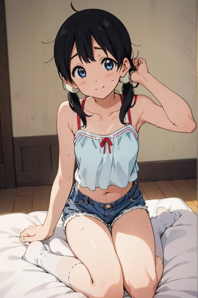  solo, 1girl, tamako kitashirakawa, , looking at viewer, smile, ,,my room,socks,camisole,denim shorts,navel,(Sweating,ahegao)