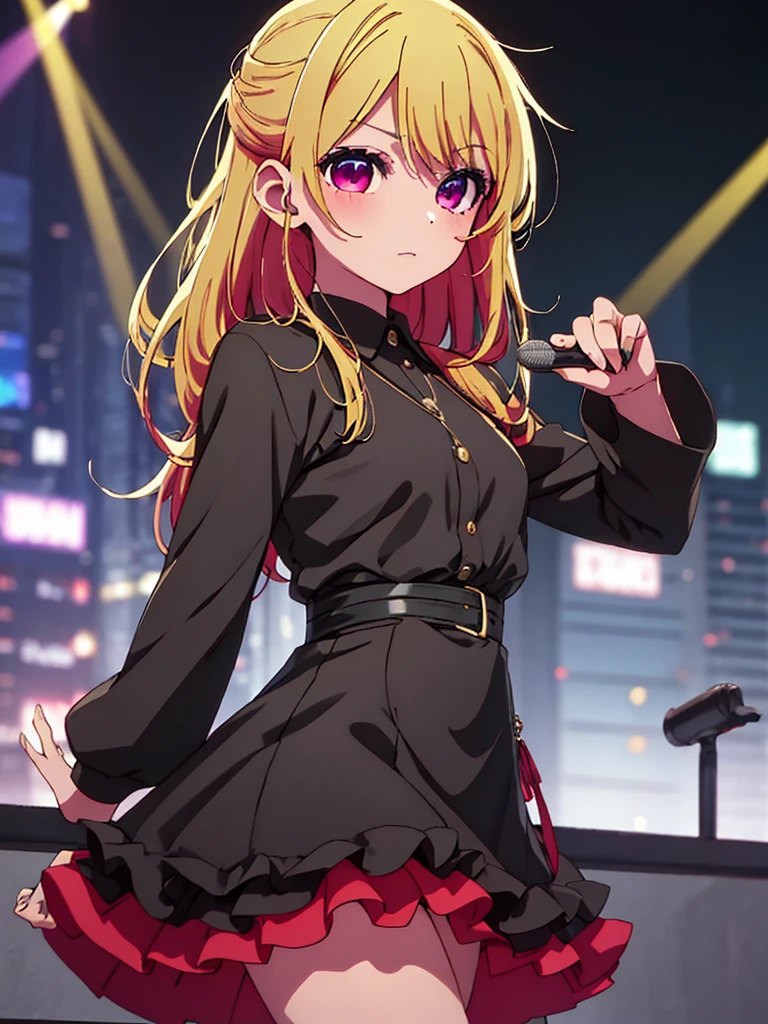 Ruby Hoshino , 1girl, wearing a black colour party frock, stylish frock, at a night party, blonde hair, ruby Hoshino's amazing eyes, 8k, high detailed, high quality
