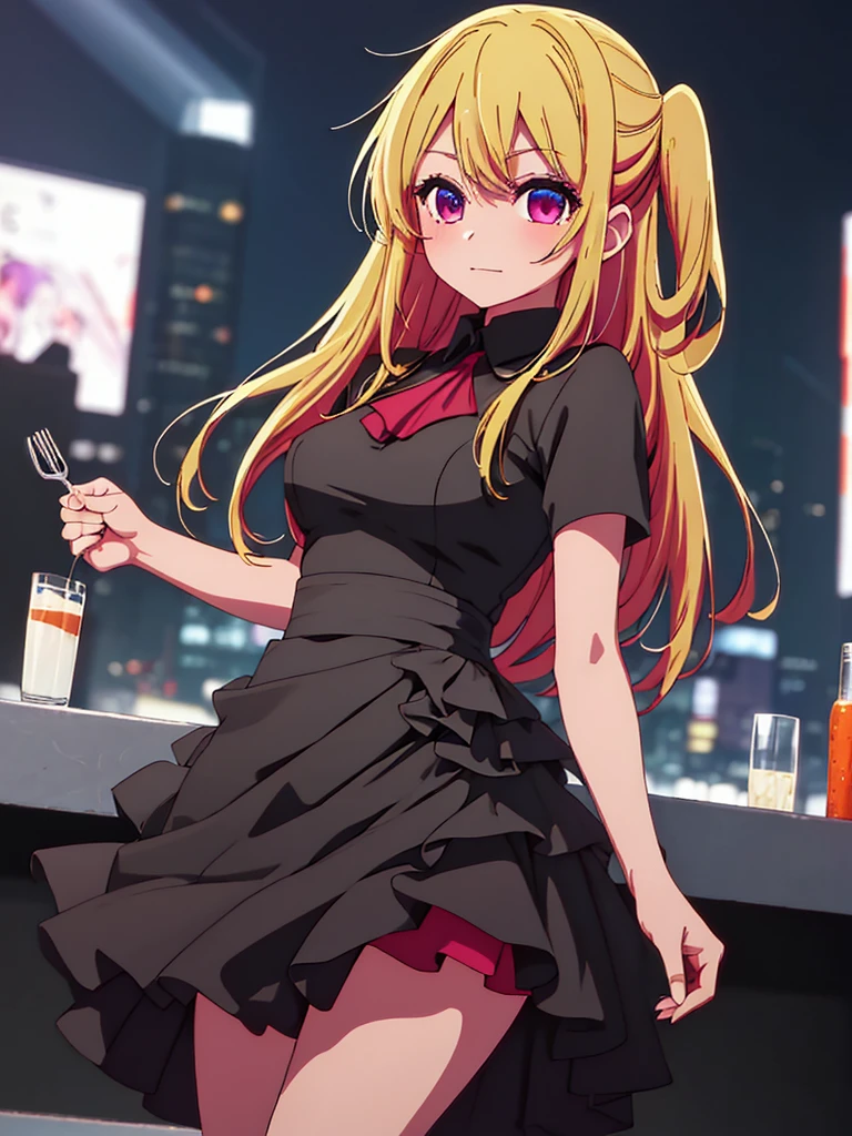 Ruby Hoshino , 1girl, wearing a black colour party frock, stylish frock, at a night party, blonde hair, ruby Hoshino's amazing eyes, 8k, high detailed, high quality
