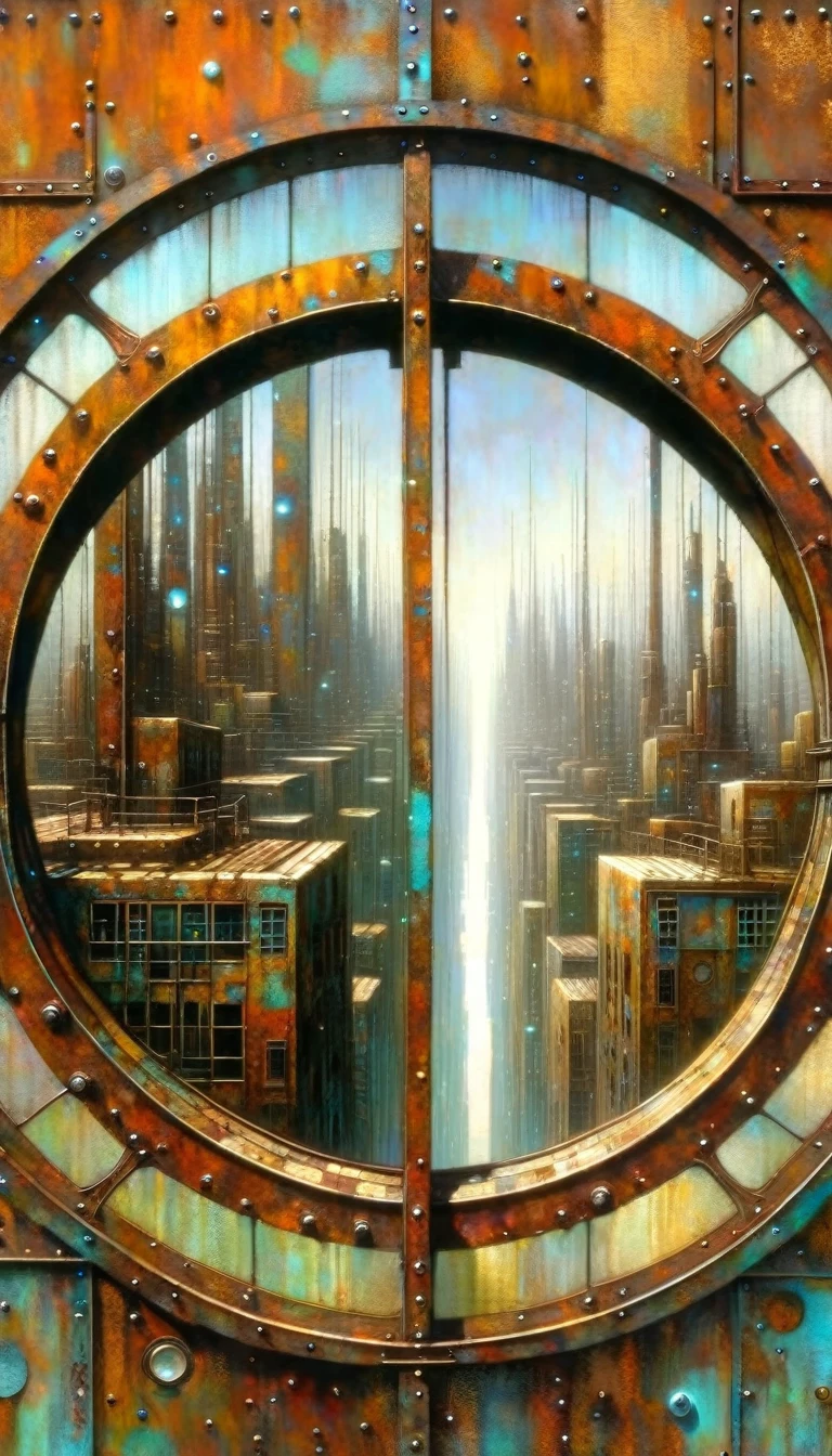 futuristic rusty metal window, circular, circular window shape, views of rusty metal futuristic city, Artwork inspired by Dave Mckean, intricate details, oil painted