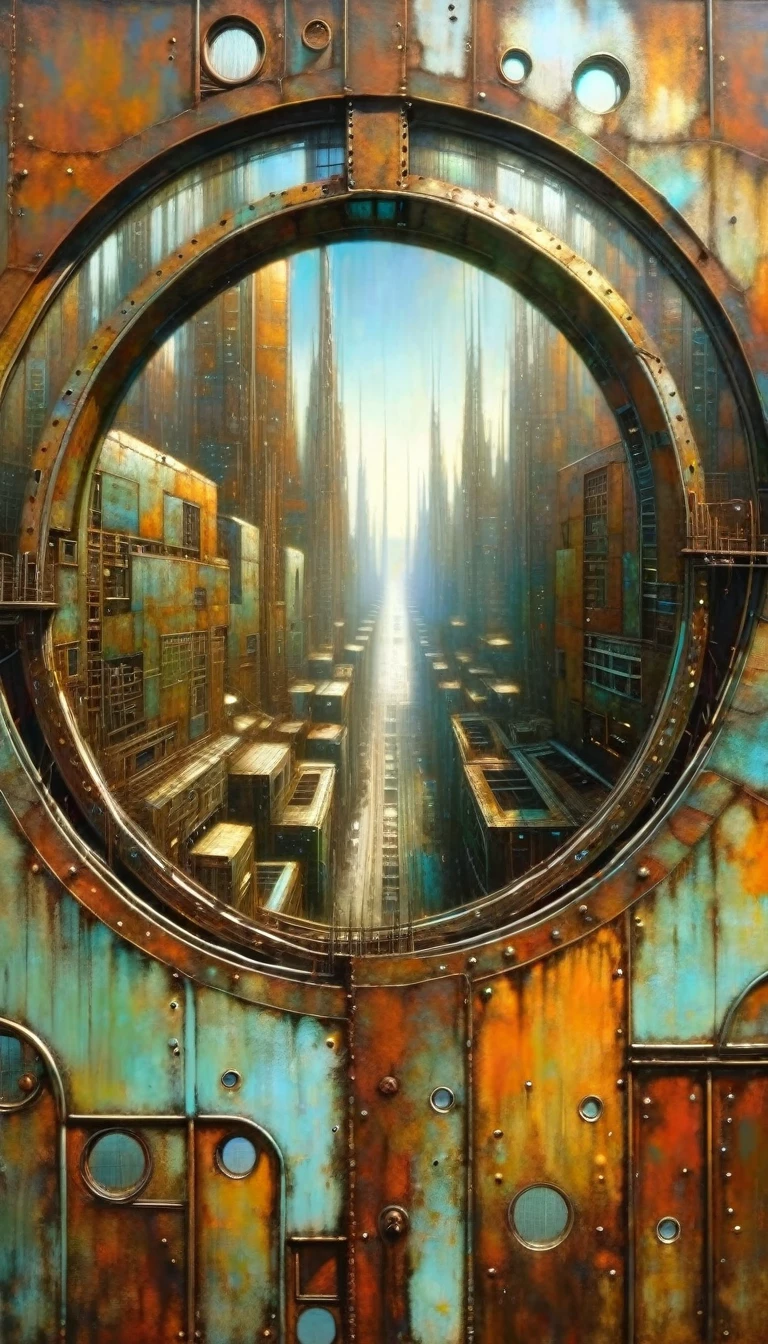 futuristic rusty metal window, circular, circular window shape, views of rusty metal futuristic city, Artwork inspired by Dave Mckean, intricate details, oil painted
