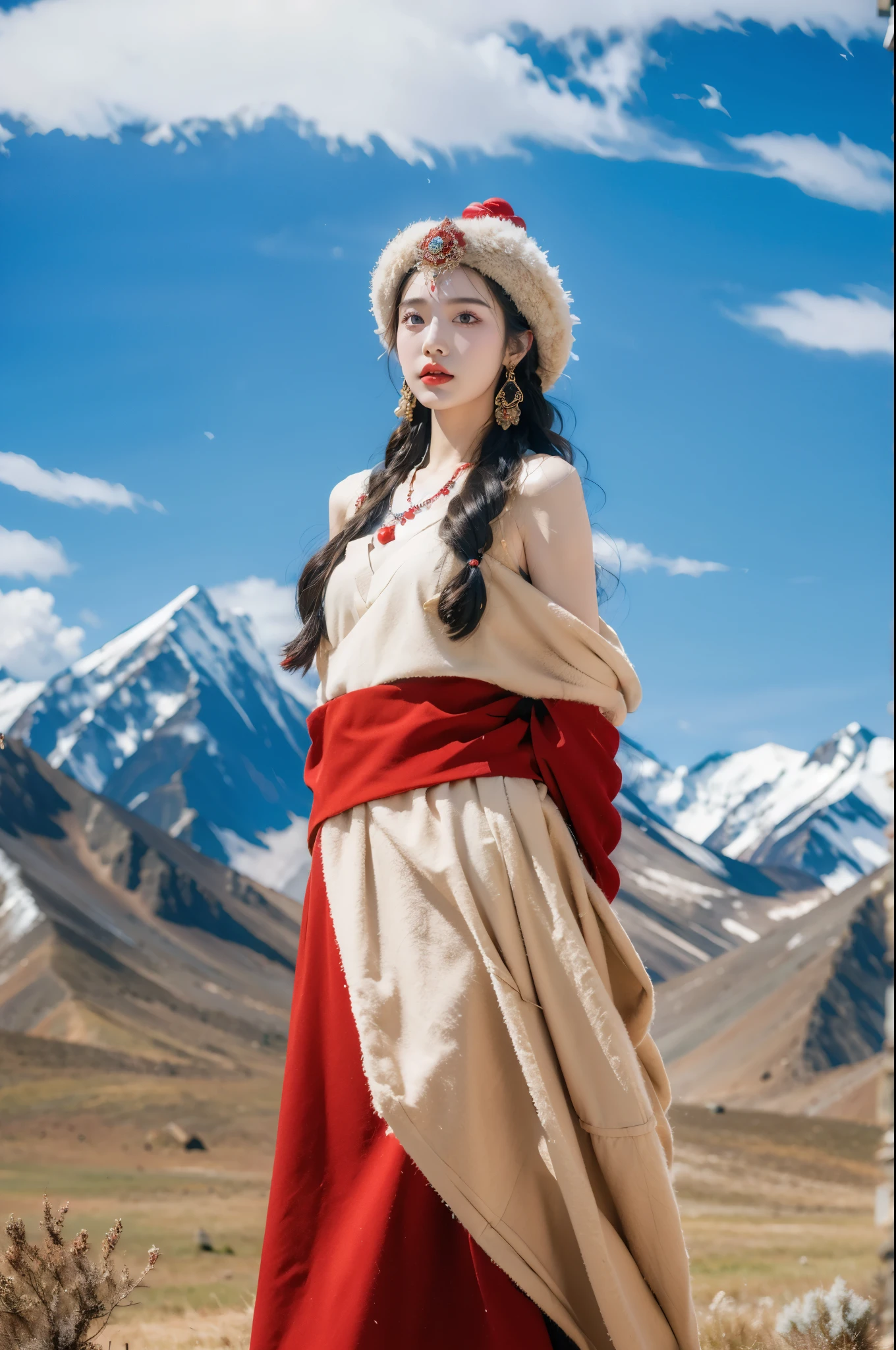 (masterpiece, best quality:1.2),red Tibetan clothing,1 Tibetan girl, blue sky, cloud, cloudy sky, day, earrings,Plush hat, horizon,Tibetan Earrings,jewelry,necklace, lips,snow mountain, outdoors, parted lips, red lips, solo,flat chest,(upper body:1.2),standing,(arms behind back:1.2)