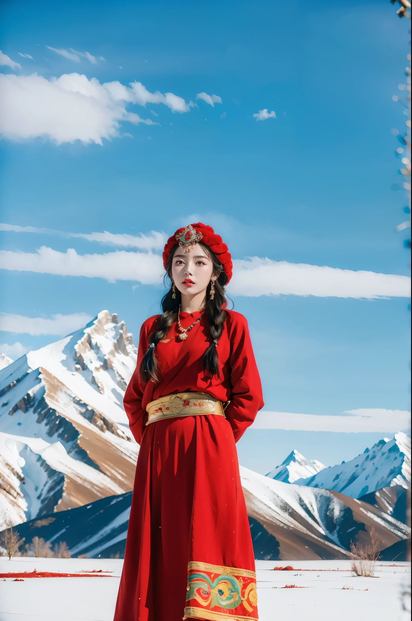 (masterpiece, best quality:1.2),red Tibetan clothing,1 Tibetan girl, blue sky, cloud, cloudy sky, day, earrings,Plush hat, horizon,Tibetan Earrings,jewelry,necklace, lips,snow mountain, outdoors, parted lips, red lips, solo,flat chest,(upper body:1.2),standing,(arms behind back:1.2)