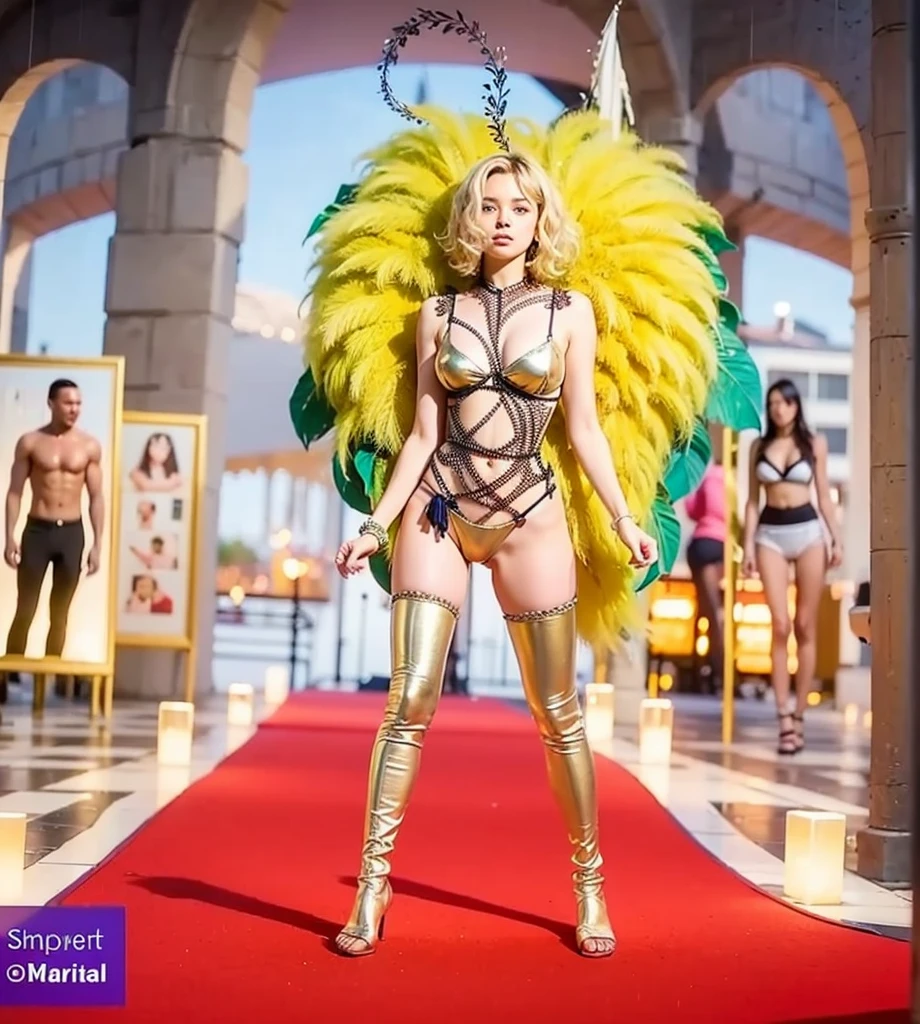 Cute 18 year old girl, Carnival Bikini Woman suit, short curly hair, blonde hair, beautiful face, rain, roof, masterpiece, exquisite details, perfect anatomy, fighting stance Realistic