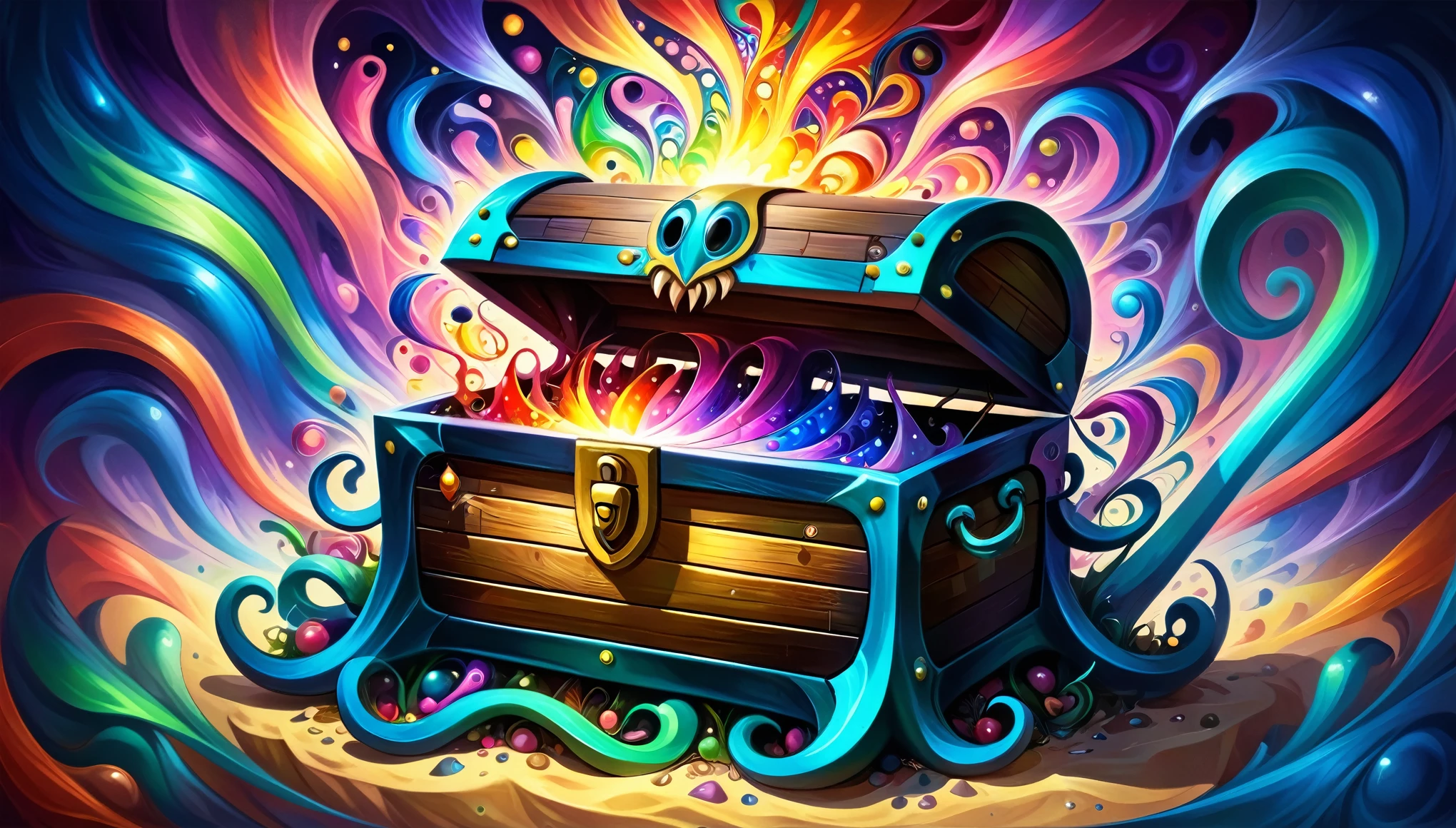 (((Disguised as a treasure chest, Transformed into a treasure chest, Mouth and fangs on a treasure chest, Treasure Chest Body))), Long Tongue, mimic, Sharp Fangs:1.2, Attack with open mouth, (Beautiful LSD art:1.3), Psychedelic Trance, (Crystal luminescence:1.1), Energy merges and vibrates, Digital Painting, Chromatic, Mentally ill, Mentally illアートスタイル, Psychedelic Art, Colorful tentacle fractal, An explosion of colors , LSD Trip, Psychedelic colors and shapes, Effects of LSD, Art Pop, LSD Vision, High resolution, high resolution, High Detail, masterpiece:1.2,