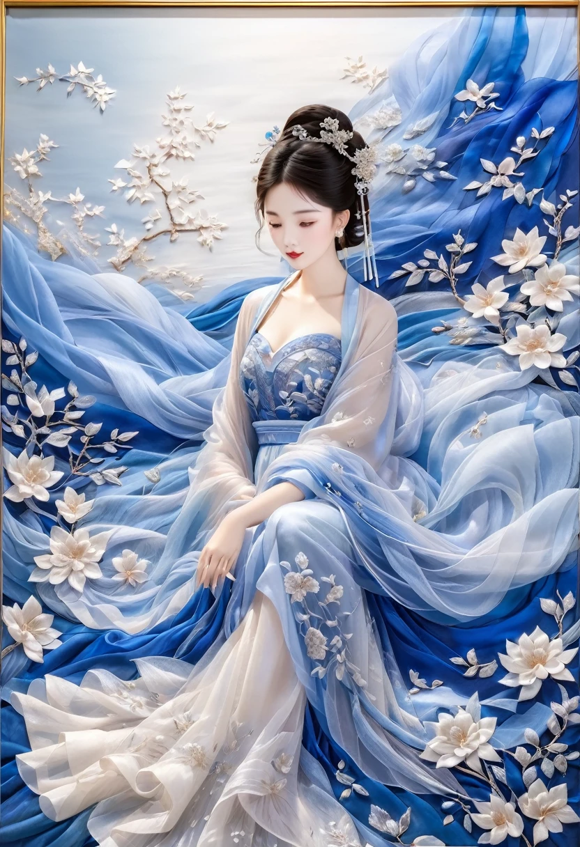 embroidery,Three-dimensional embroidery,(A picture of blue ornate Suzhou embroidery hangs on the wall),blue-white petals, Silk material embroidery, Inspired by Yao Jianping’s dream of Su embroidery works,translucent,abundant cleavage,painting on silk, alcohol ink art