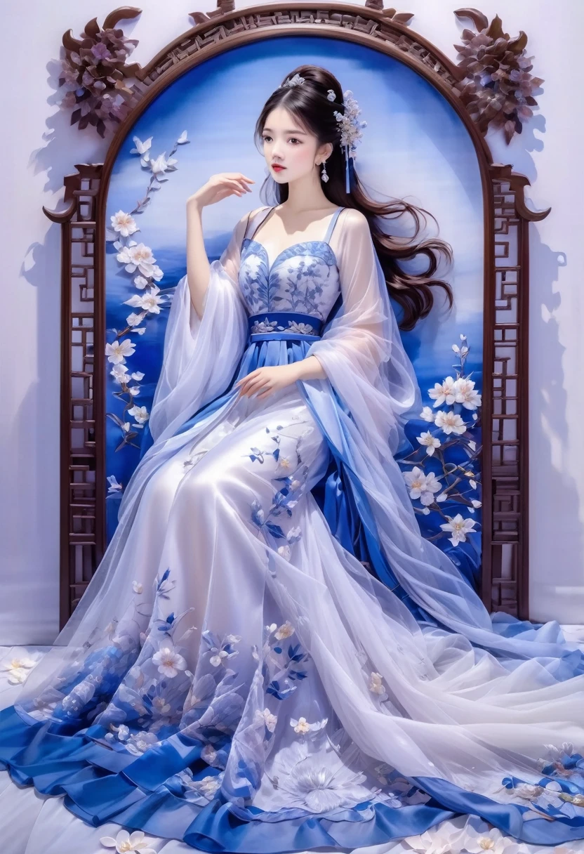 embroidery,Three-dimensional embroidery,(A picture of blue ornate Suzhou embroidery hangs on the wall),blue-white petals, Silk material embroidery, Inspired by Yao Jianping’s dream of Su embroidery works,translucent,abundant cleavage,painting on silk, alcohol ink art