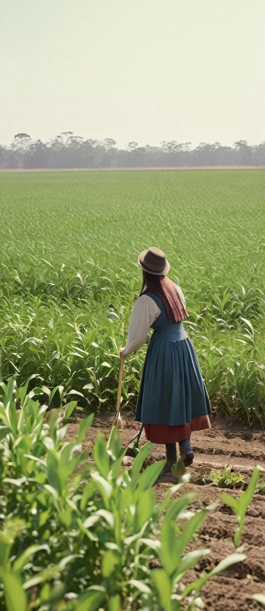 A wide shot of a field with a young Elizabeth Barton working in the field.