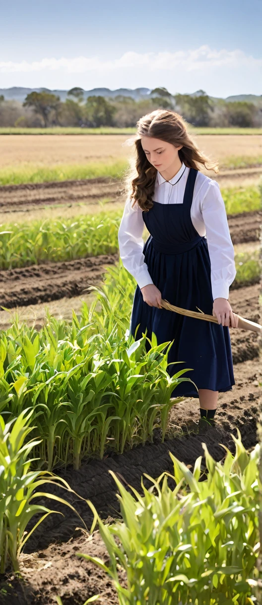 beautifull girl, 12 year old, running at meadow, wearing apron, holding bag with breads and cookies, high resolution, high contrast