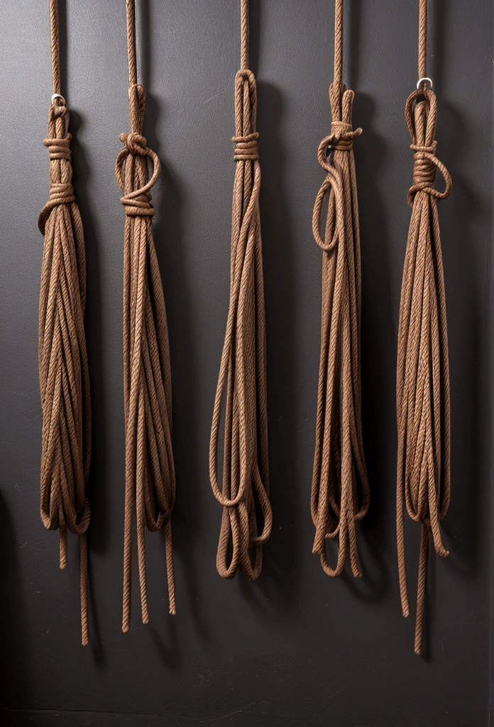 A set of BDSM ropes, each meticulously coiled and hung from hooks on the wall, showing the variety of thicknesses and lengths available.