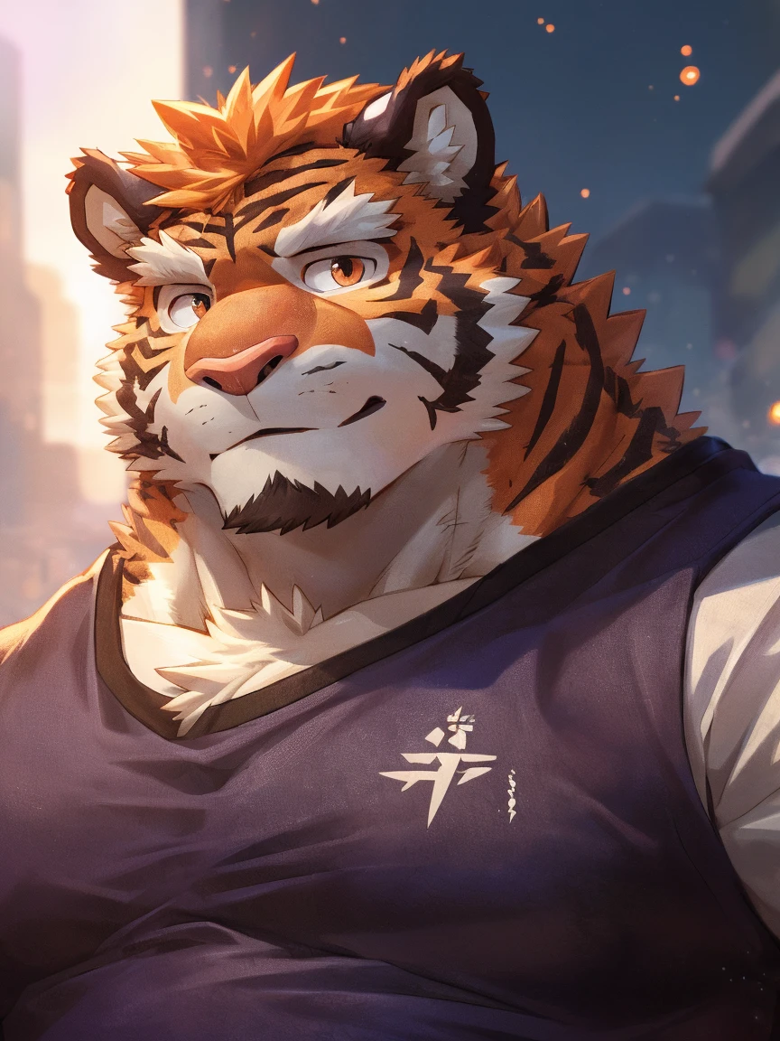 human nature, Wildlife, male,18 years old, solitary, ((Round Face, The face is plump,Orange eyes,Thick orange hair,With scars)), ((Endomorph, Handsome,Hot Blood)), (Sportswear,Clothes Damaged), ((domestic tiger, tiger,) Fluffy fur, Fluffy), Bokeh, (high quality, high resolution, masterpiece), (Dynamic Lighting, Vibrant colors), (Revitalize,Injuried,Disdain), Full body picture (close up), cartoon, author:Takemoto Arashi, From zixiong, By Chunni, author:Empty Ghost,(background:Snowy cities)