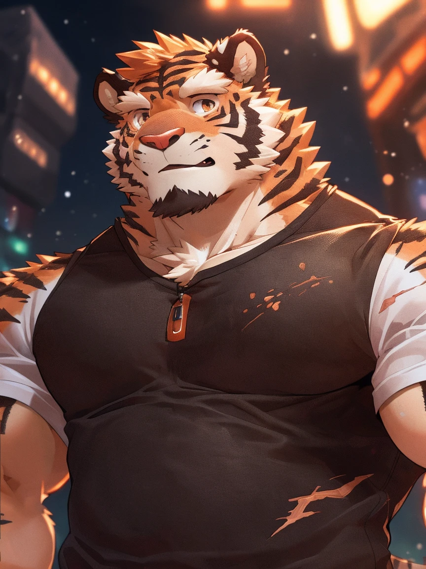 human nature, Wildlife, male,18 years old, solitary, ((Round Face, The face is plump,Orange eyes,Thick orange hair,With scars)), ((Endomorph, Handsome,Hot Blood)), (Sportswear,Clothes Damaged), ((domestic tiger, tiger,) Fluffy fur, Fluffy), Bokeh, (high quality, high resolution, masterpiece), (Dynamic Lighting, Vibrant colors), (Revitalize,Injuried,Disdain), Full body picture (close up), cartoon, author:Takemoto Arashi, From zixiong, By Chunni, author:Empty Ghost,(background:Snowy cities)