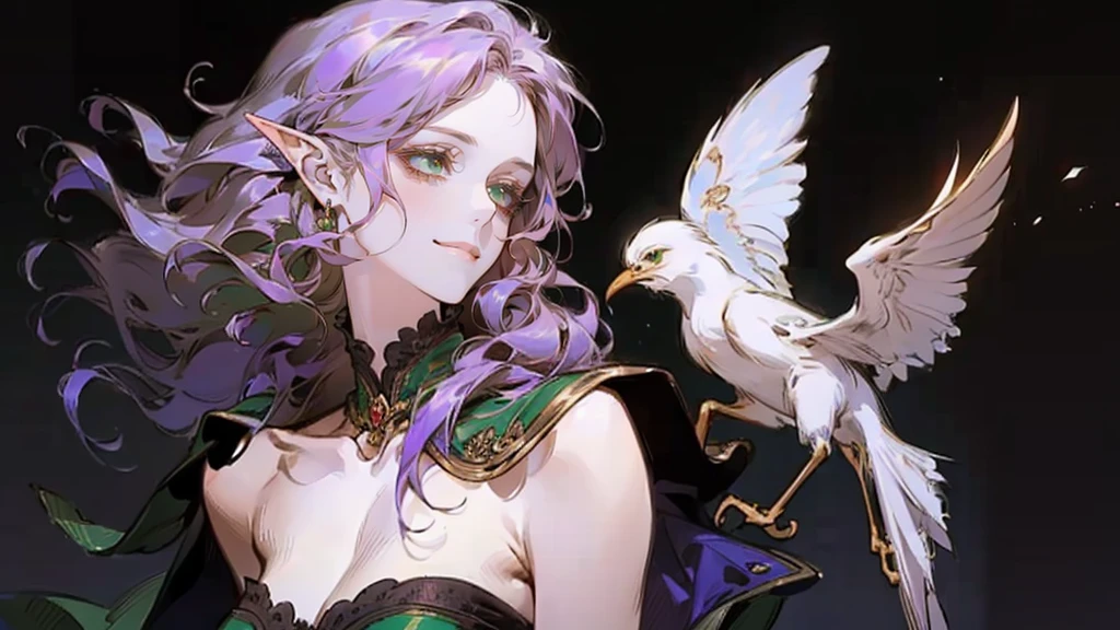 A beautiful, elegant girl with purple hair, green eyes and pale skin. Her hair is long and curly, she has two pretty tufts on the sides. She is an elf girl. elf ears. (slight smile). black background. magic bird