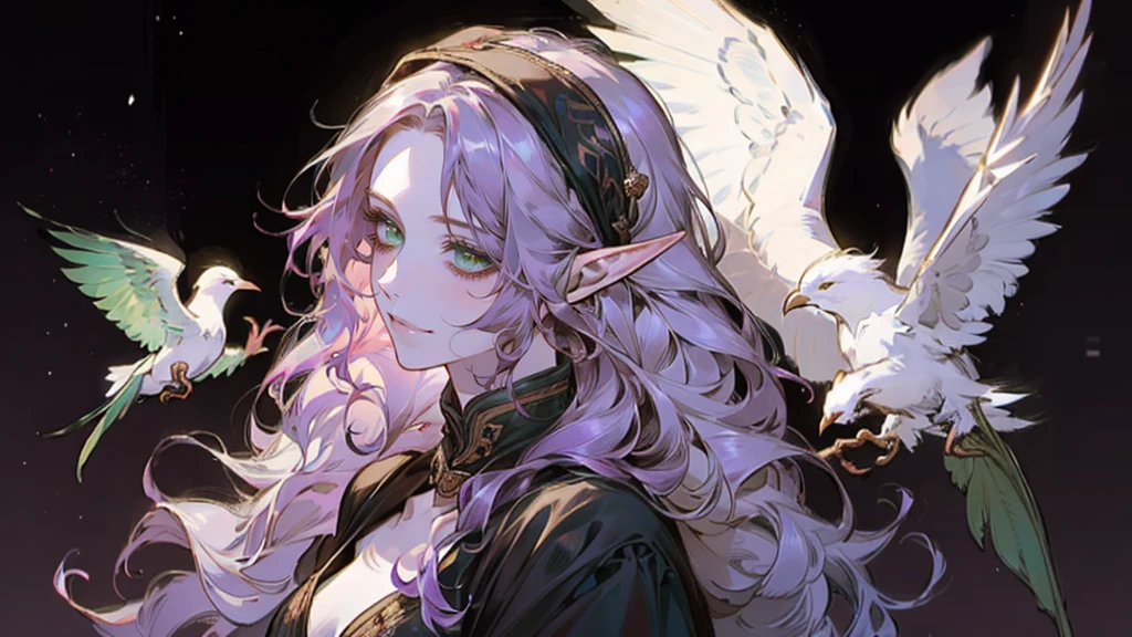 A beautiful, elegant girl with purple hair, green eyes and pale skin. Her hair is long and curly, she has two pretty tufts on the sides. She is an elf girl. elf ears. (slight smile). black background. magic bird