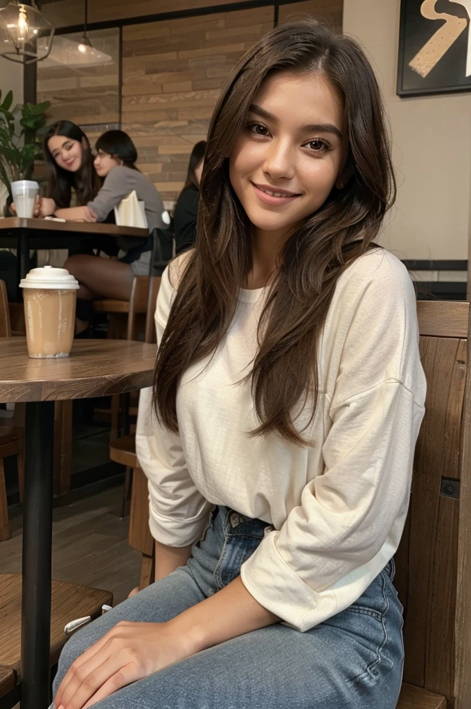 young and modern influencer. She must have delicate facial features, long, well-groomed hair, a warm, expressive smile, dressed in a casual outfit sitting at a coffee shop table