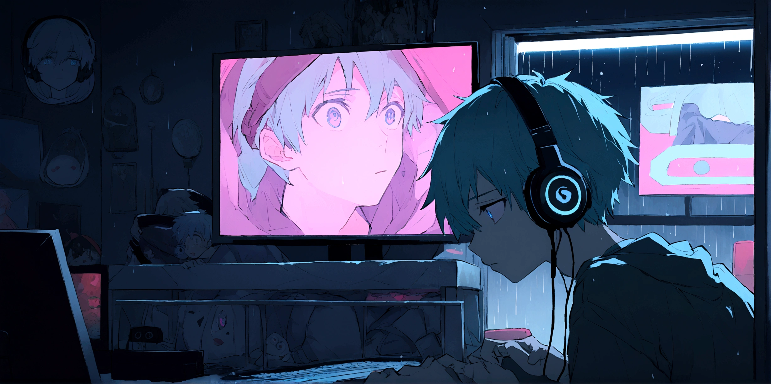 An 16 years old gamer anime boy, looking at computer, so many neon lights, night, rain outside, cozy room, closed window, boy and computer is close to window, boy wears gamer headphone, boy is at left, high quality face and eyes