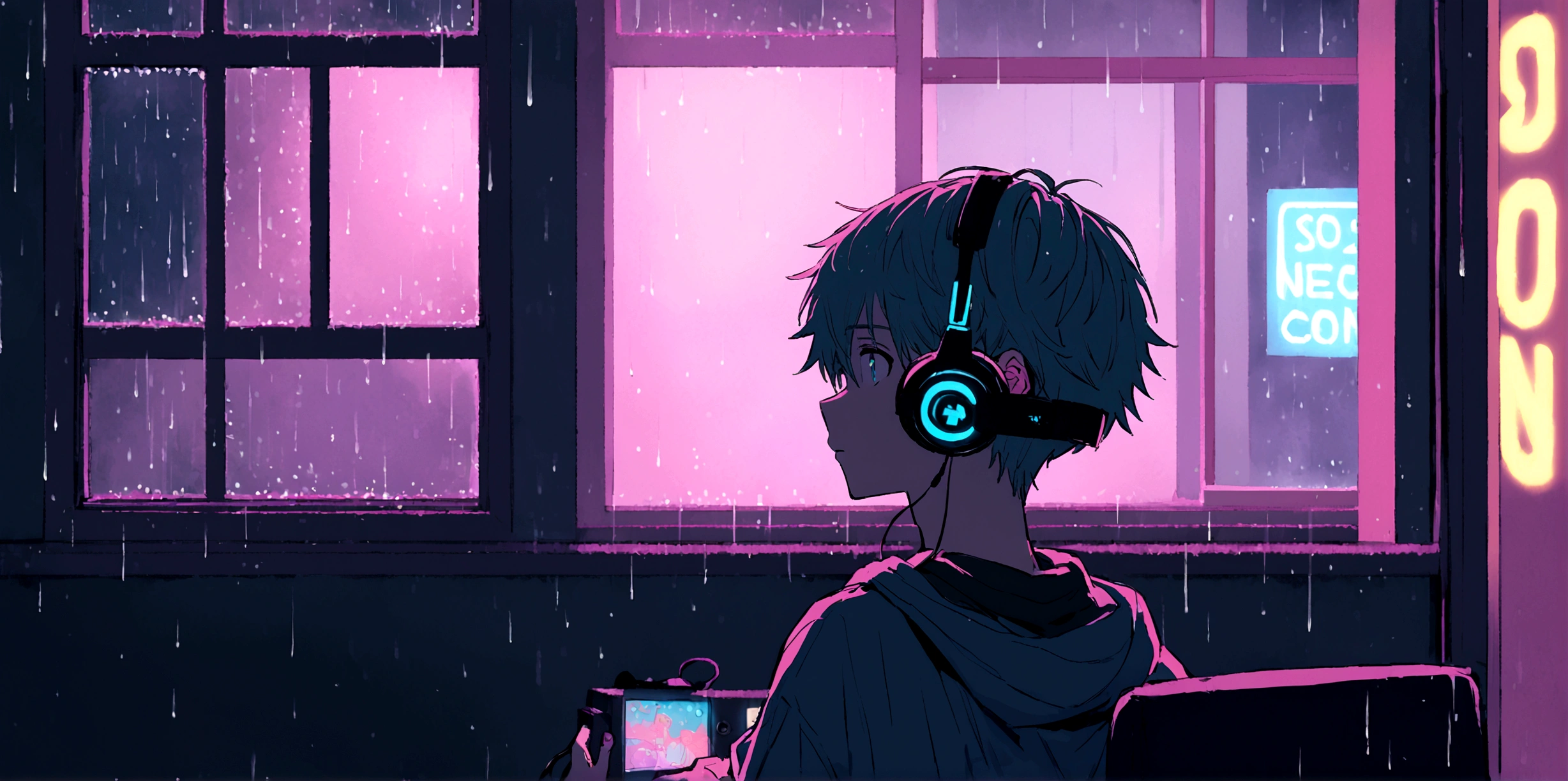 Lofi Song, sitting on the bed. looking at the window, having a coffee. listening to music on headphones, while looking out the window and seeing the rain falling,
 soft color, texture affects image,  glowing light. soft light from window, DOF, depth of field, big bokeh,strong halation on the edge, detailed animation 