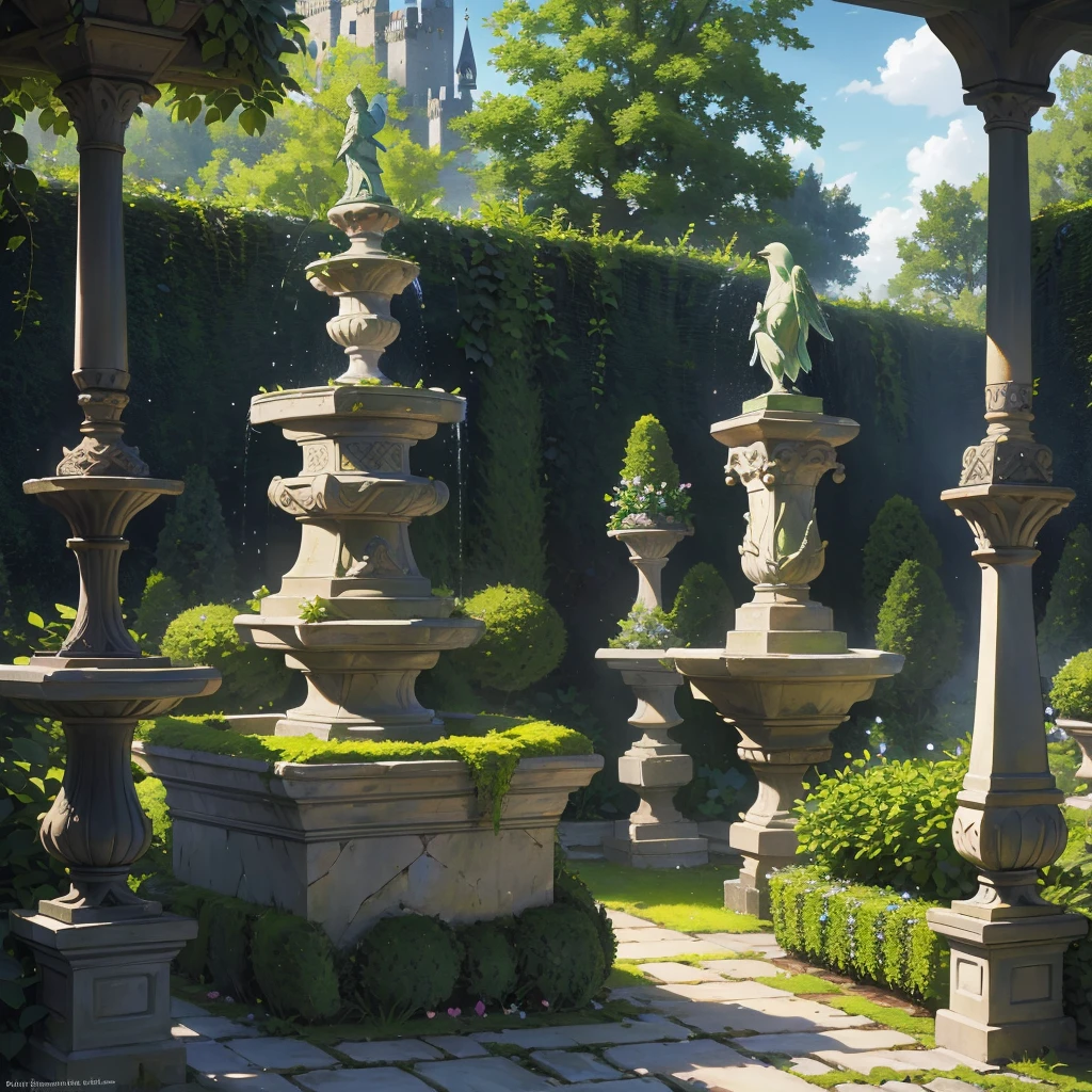 Imagine a serene medieval castle garden nestled within the ancient stone walls. Picture lush greenery, neatly trimmed hedges, and colorful flowers arranged in symmetrical patterns. Statues and fountains adorned with moss add a sense of history and grandeur to the scene. Include a winding gravel path leading through the garden, where knights and nobles stroll, surrounded by the fragrance of herbs and the gentle sound of birdsong. Capture the tranquil beauty and regal charm of this medieval sanctuary