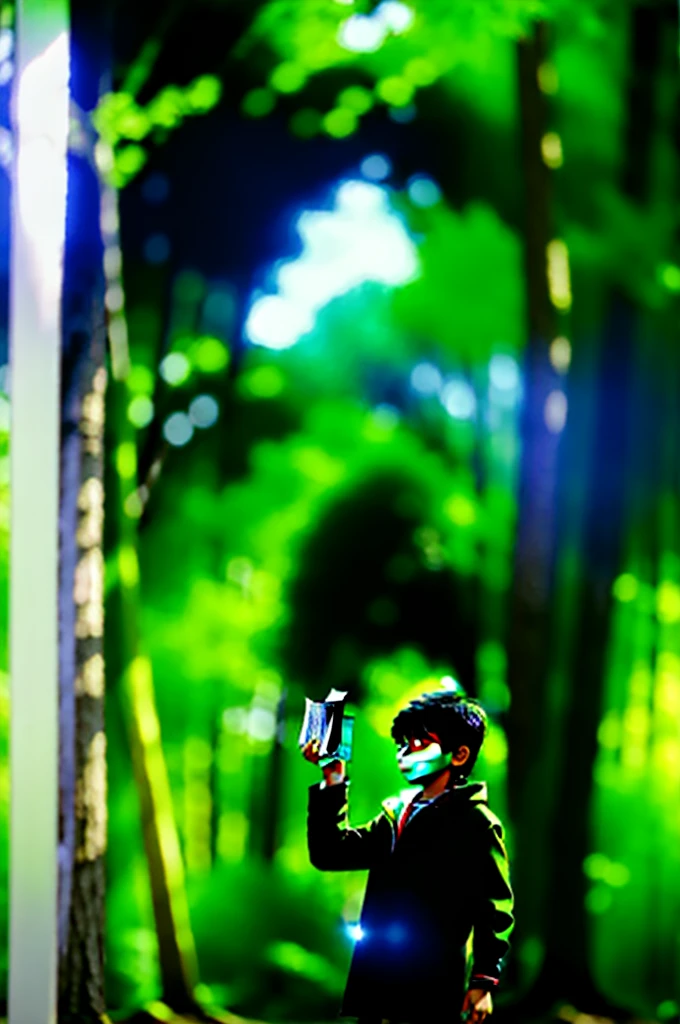 3D, personality: Aarav standing in awe as he discovers the old book, his eyes wide and filled with wonder. The mystical forest is revealed in the background, with its vibrant colors and magical aura enhancing the scene. unreal engine, hyper real --q 2 --v 5.2 --ar 16:9