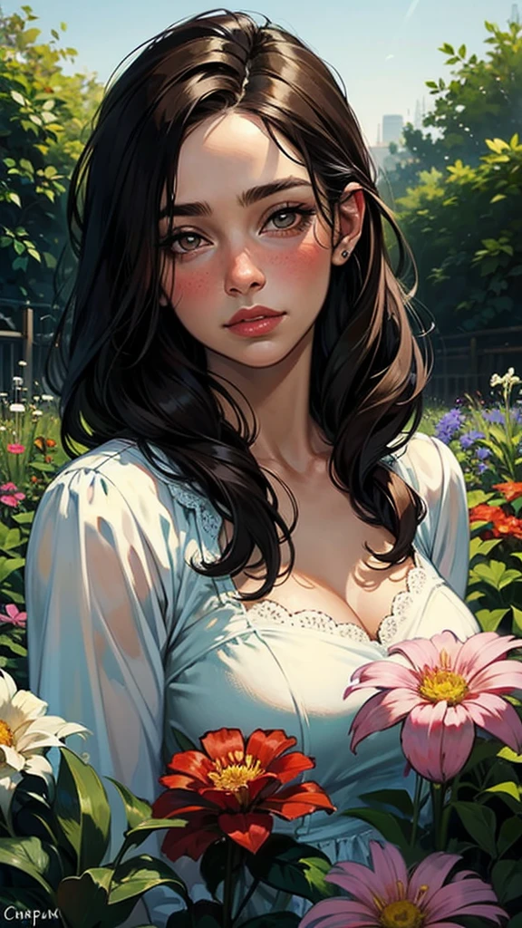realistic, 1 girl, dark hair, dark brown eyes, Bright eyes, Chapped lips, Blush, cute, garden, day, flower.