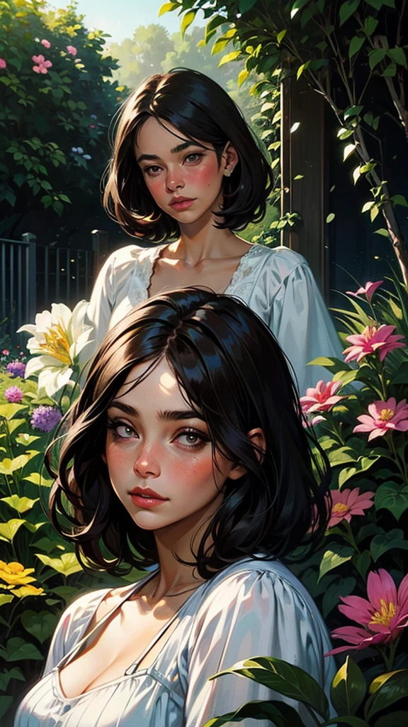 realistic, 1 girl, dark hair, dark brown eyes, Bright eyes, Chapped lips, Blush, cute, garden, day, flower.