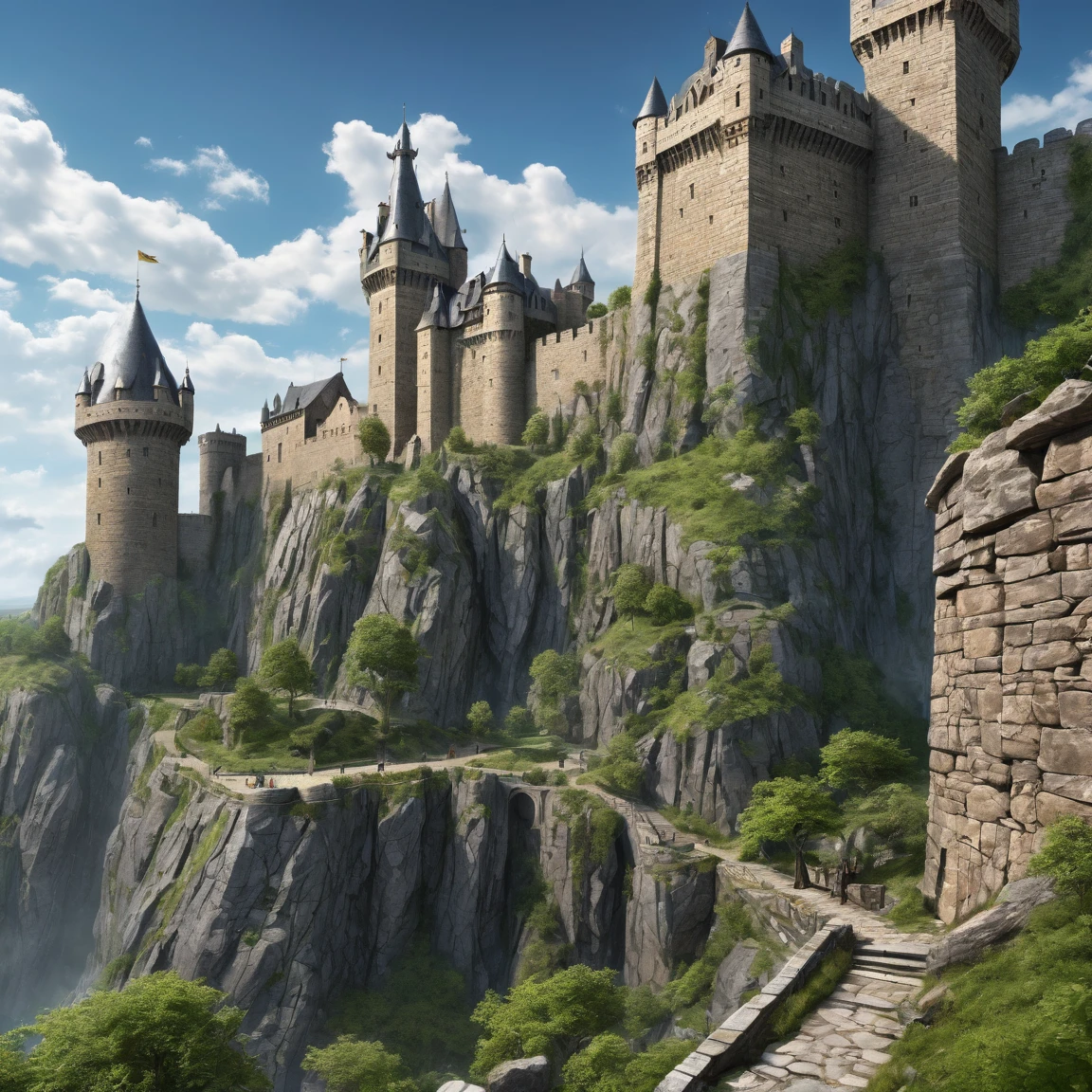 (best quality)), ((masterpiece)), ((realistic,digital art)), (super detailed), gigantesque forteresse en gneiss occupant toute la vue, very important fortifications, (gigantic, very slender towers), (medieval fantasy style), view from the ground