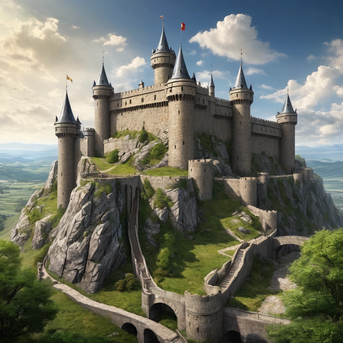 (best quality)), ((masterpiece)), ((realistic,digital art)), (super detailed), gigantesque forteresse en gneiss occupant toute la vue, very important fortifications, (gigantic, very slender towers), (medieval fantasy style), view from the ground