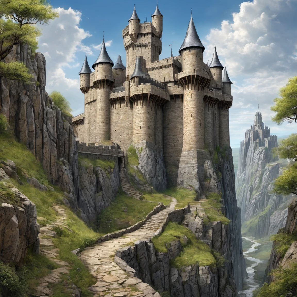 (best quality)), ((masterpiece)), ((realistic,digital art)), (super detailed), gigantesque forteresse en gneiss occupant toute la vue, very important fortifications, (gigantic, very slender towers), (medieval fantasy style), view from the ground