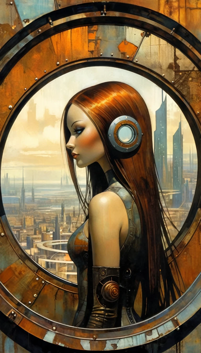 sexy girl long hair, futuristic sexy girl, futuristic rusty metal window, circular, circular window shape, views of rusty metal futuristic city, Artwork inspired by Dave Mckean, intricate details, oil painted
