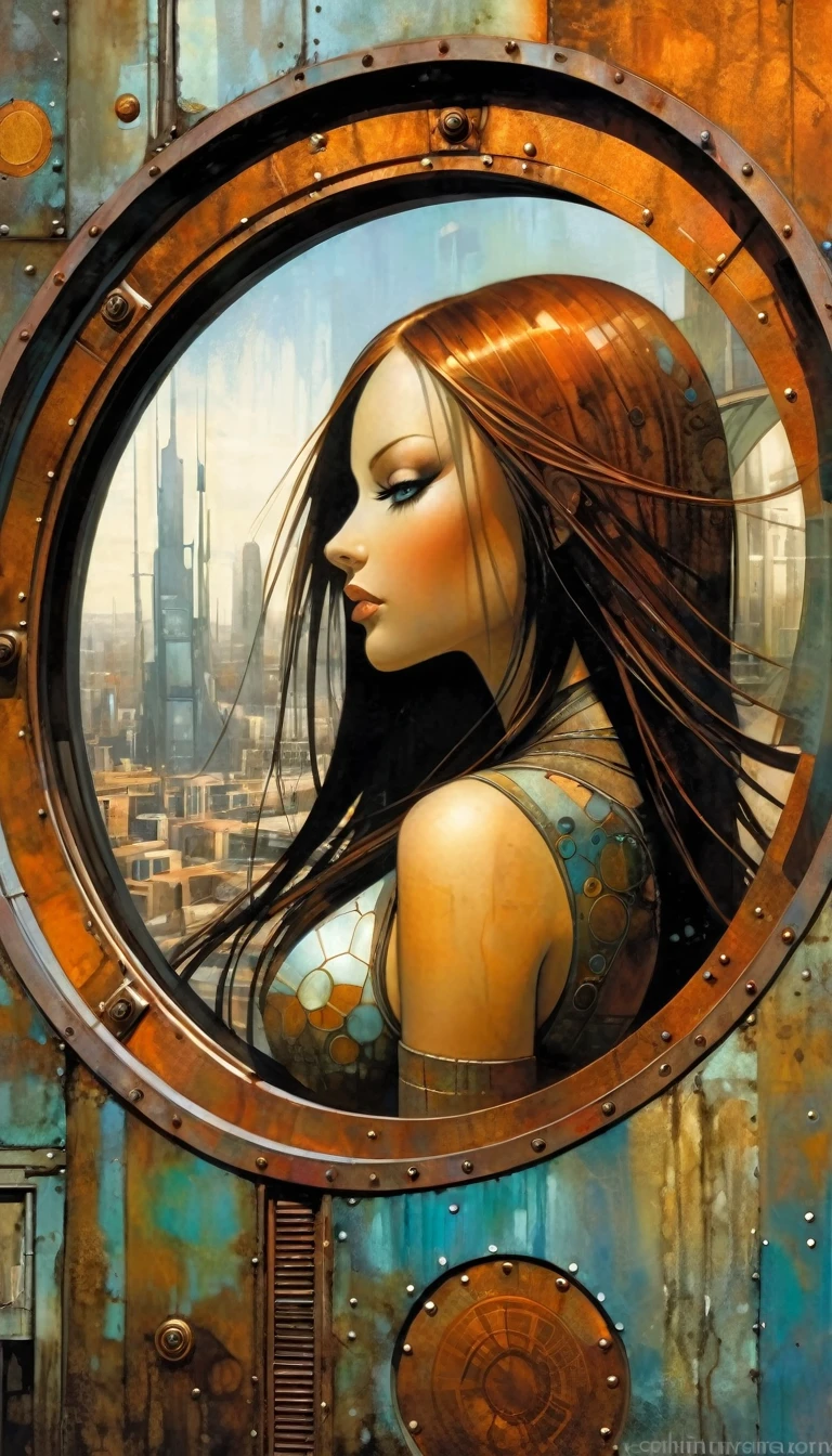 sexy girl long hair, futuristic sexy girl, futuristic rusty metal window, circular, circular window shape, views of rusty metal futuristic city, Artwork inspired by Dave Mckean, intricate details, oil painted
