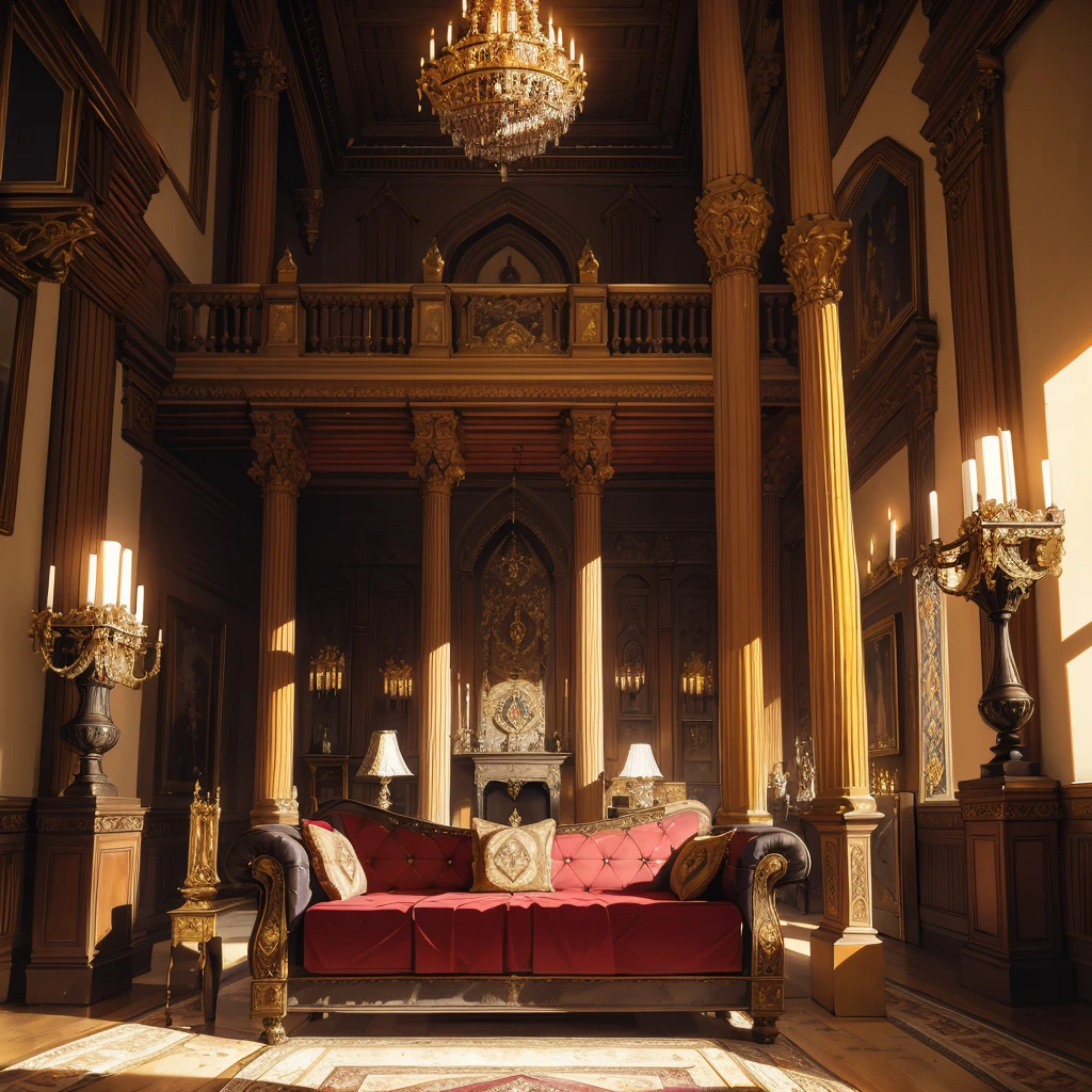 Depict an opulent room within a medieval castle, showcasing grandiose architecture and lavish details. The room should feature elements like high, vaulted ceilings, intricate tapestries, stone walls adorned with sconces, and a large, ornate fireplace. Include period-appropriate furnishings such as a grand wooden table, richly embroidered chairs, and an array of medieval artifacts, creating an ambiance of regality and historical authenticity.