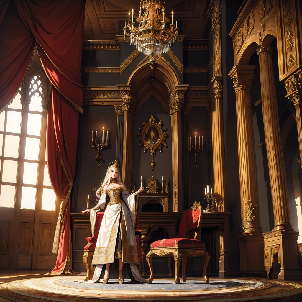 Depict an opulent room within a medieval castle, showcasing grandiose architecture and lavish details. The room should feature elements like high, vaulted ceilings, intricate tapestries, stone walls adorned with sconces, and a large, ornate fireplace. Include period-appropriate furnishings such as a grand wooden table, richly embroidered chairs, and an array of medieval artifacts, creating an ambiance of regality and historical authenticity.