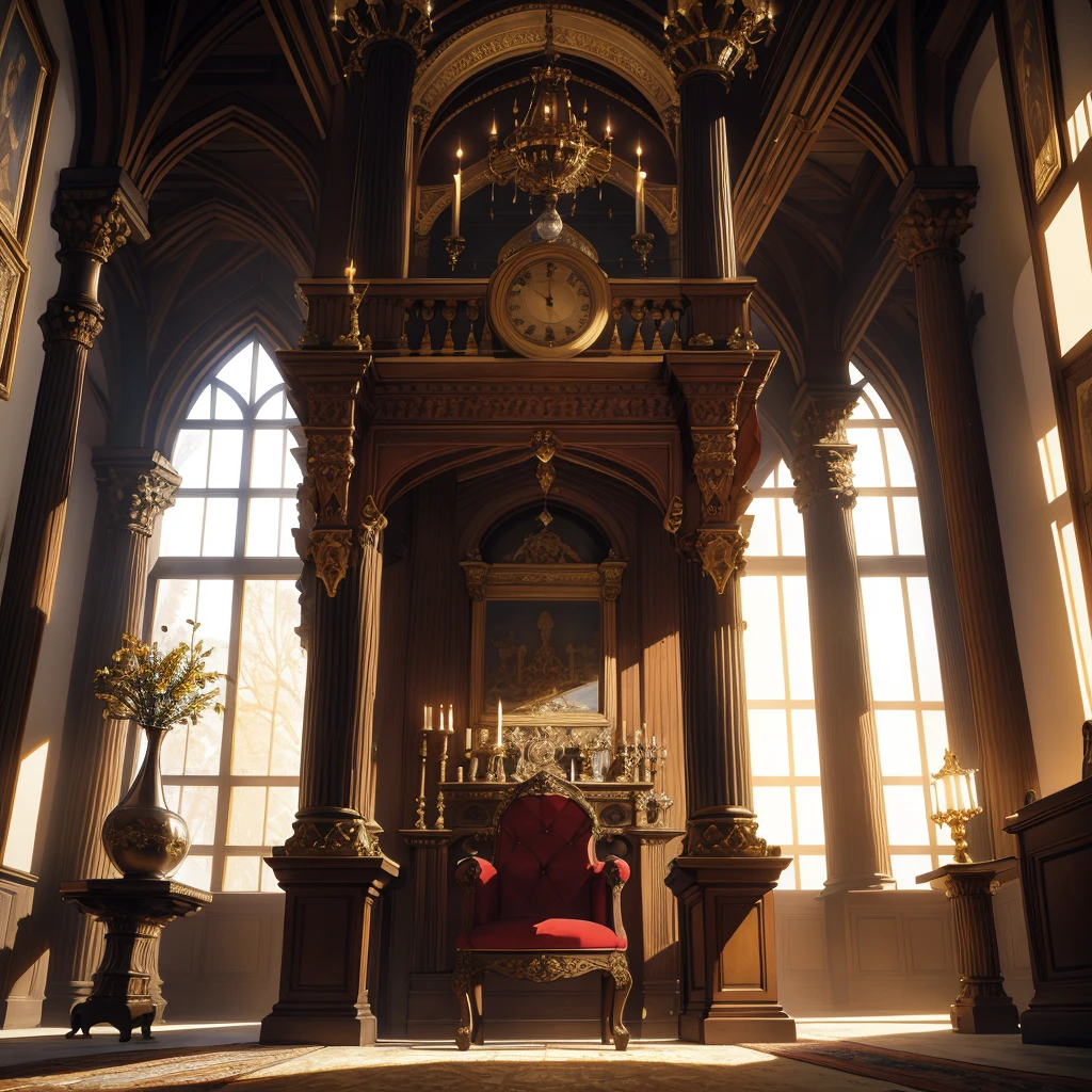 Depict an opulent room within a medieval castle, showcasing grandiose architecture and lavish details. The room should feature elements like high, vaulted ceilings, intricate tapestries, stone walls adorned with sconces, and a large, ornate fireplace. Include period-appropriate furnishings such as a grand wooden table, richly embroidered chairs, and an array of medieval artifacts, creating an ambiance of regality and historical authenticity.