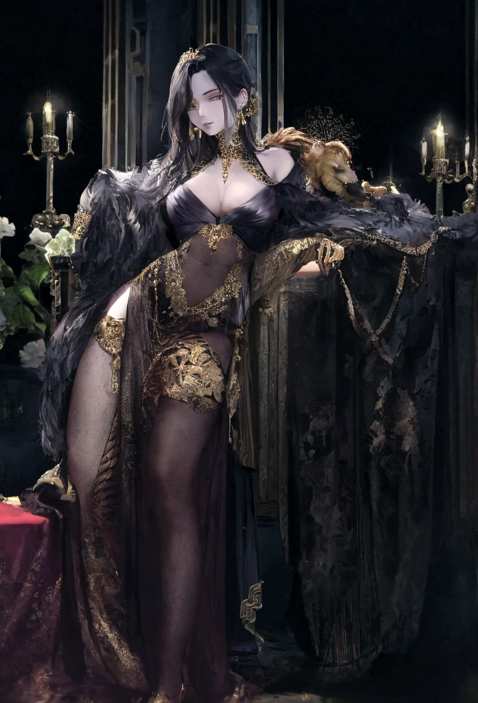 (best quality,highres:1.2),ultra-detailed,realistic,portrait,high fantasy,sexy busty Malaysian woman(age 40),jewel hijab,bikini,tames a devil,arcane chamber,well-lit room,vibrant colors,exquisite details,seductively poses,confident expression,mesmerizing eyes,long wavy hair,fine jewelry,ornate tattoos,chiseled features,soft skin,golden light,elaborate spell casting,richly decorated surroundings,enchanted atmosphere,mythical creatures in the background,elaborate tapestries,handsome yet sinister devil,subdued black and red color scheme,gentle candlelight,Northern European architecture,ethereal shimmer,curved horns,dark wings,burnished scales,dangerous yet alluring presence