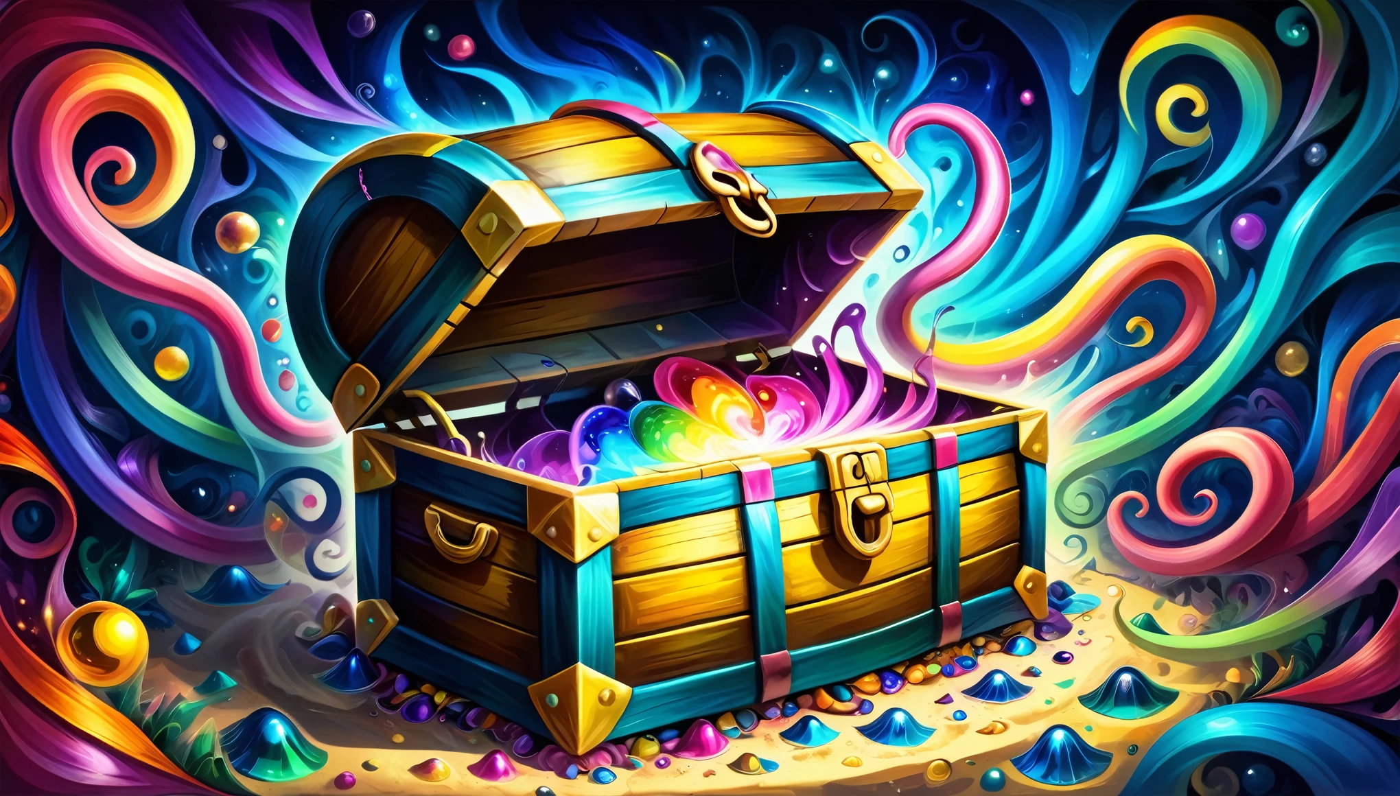 (((Disguised as a treasure chest, Transformed into a treasure chest, Mouth and fangs on a treasure chest, Treasure Chest Body))), Long Tongue, mimic, Sharp Fangs:1.2, Attack with open mouth, (Beautiful LSD art:1.3), Psychedelic Trance, (Crystal luminescence:1.1), Energy merges and vibrates, Digital Painting, Chromatic, Mentally ill, Mentally illアートスタイル, Psychedelic Art, Colorful tentacle fractal, An explosion of colors , LSD Trip, Psychedelic colors and shapes, Effects of LSD, Art Pop, LSD Vision, High resolution, high resolution, High Detail, masterpiece:1.2,