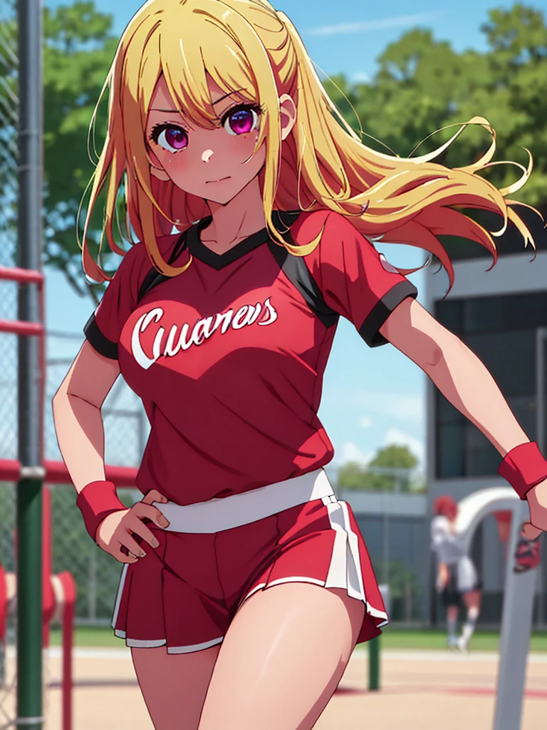 Ruby Hoshino , 1girl, as a cheerleader, wearing a cheerleader outfit, at a playground, blonde hair, ruby Hoshino's amazing eyes, 8k, high detailed, high quality
