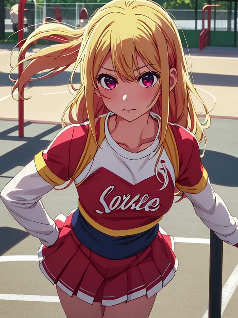 Ruby Hoshino , 1girl, as a cheerleader, wearing a cheerleader outfit, at a playground, blonde hair, ruby Hoshino's amazing eyes, 8k, high detailed, high quality
