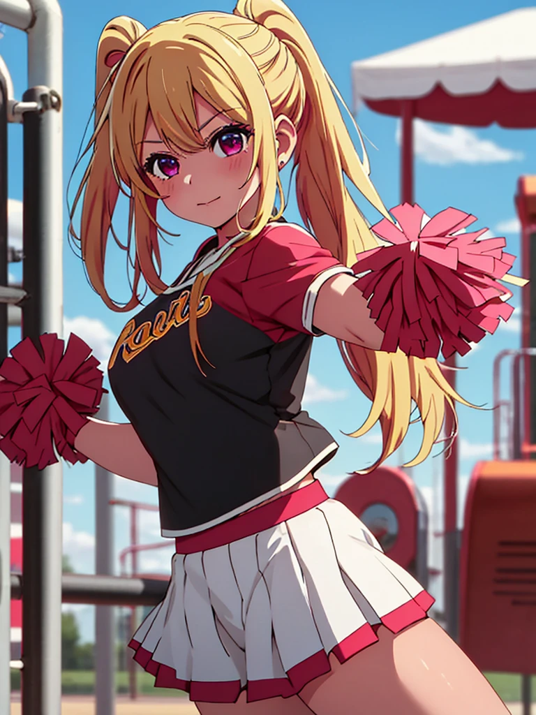 Ruby Hoshino , 1girl, as a cheerleader, wearing a cheerleader outfit, at a playground, blonde hair, ruby Hoshino's amazing eyes, 8k, high detailed, high quality
