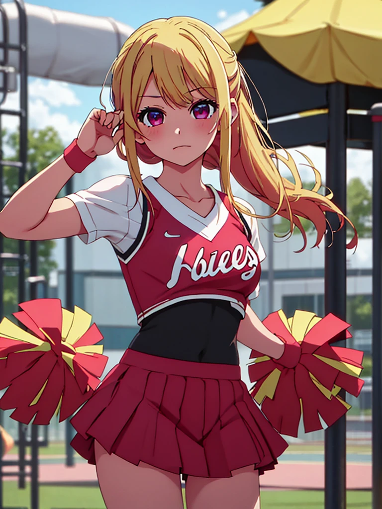 Ruby Hoshino , 1girl, as a cheerleader, wearing a cheerleader outfit, at a playground, blonde hair, ruby Hoshino's amazing eyes, 8k, high detailed, high quality
