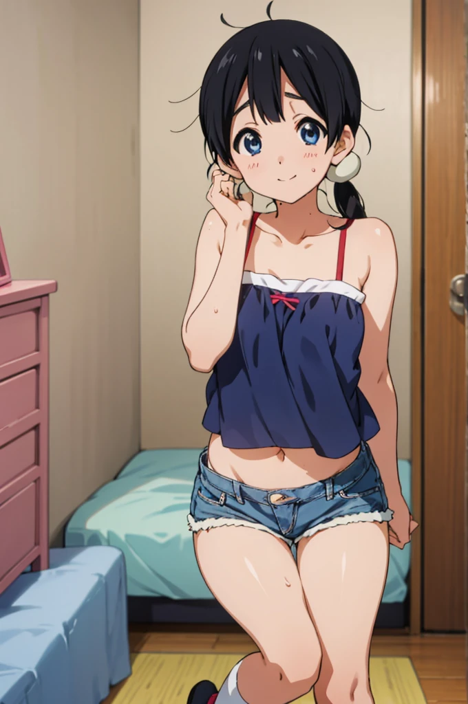  solo, 1girl, tamako kitashirakawa, , looking at viewer, smile, ,,my room,socks,camisole,denim shorts,navel,(Sweating,ahegao)