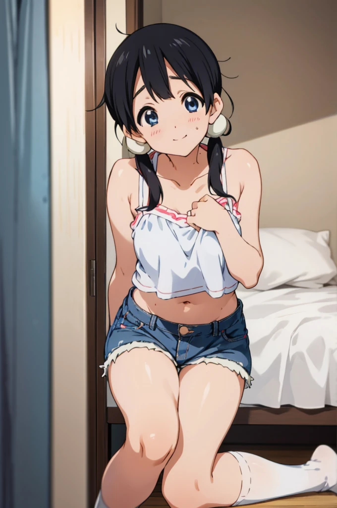  solo, 1girl, tamako kitashirakawa, , looking at viewer, smile, ,,my room,socks,camisole,denim shorts,navel,(Sweating,ahegao)