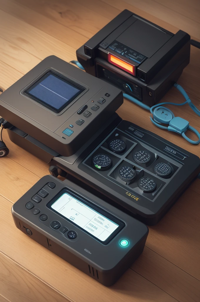 Create an illustration of a device that has a trigger button, a locator, a radio for calls and five buttons with color levels and solar panel to power the system.